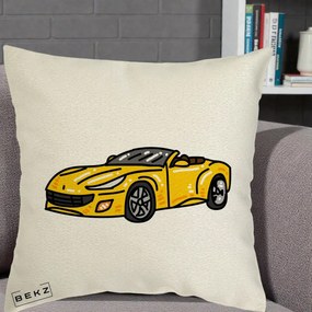Perna Personalizata Masina Cabriolet Galbena Grafic, 40x40 cm, Ecru, Husa Detasabila, Perna Inclusa, BEKZ®