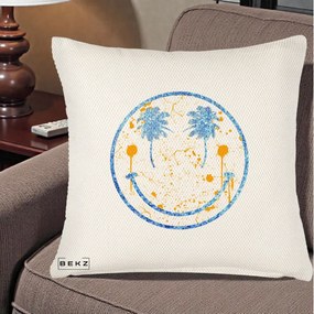 Perna Decorativa Smiley Face Tropical Albastru Glitter si Portocaliu, 40x40 cm, Crem Reliefat, Husa Detasabila, Perna Inclusa, BEKZ®