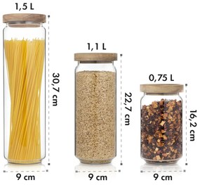 Lovage, caserole alimentare, 0,75, 1,1, 1,5 l, set de 3 bucăți, sticlă borosilicată, capac din lemn de salcâm, silicon