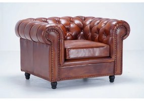 Fotoliu maro, din piele naturala, Chesterfield