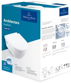 Set vas WC rimless suspendat, Villeroy&amp;Boch Architectura, DirectFlush, cu capac inchidere lenta, 37x53cm, Alb Alpin, 5684HR01