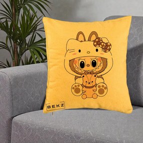 Perna Personalizata Labubu x Hello Kitty Maro-Vintage, 40x40 cm, Galben, Husa Detasabila, Perna Inclusa, BEKZ®