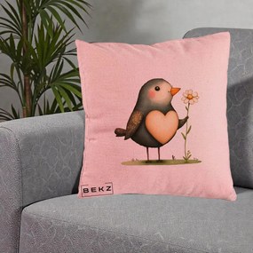 Perna Decorativa Pasare cu Inima si Margareta, 40x40 cm, Roz, Husa Detasabila, Perna Inclusa, BEKZ®