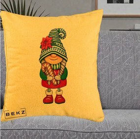 Perna Decorativa Gnom Craciun Verde cu Bomboane si Floare, 40x40 cm, Galben, Husa Detasabila, Perna Inclusa, BEKZ®