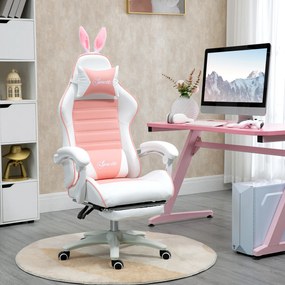 Vinsetto Scaun de Gaming Ergonomic cu Urechi de Iepure și Suport pentru Picioare Extensibil, 65x63x136-142 cm, Roz | Aosom Romania