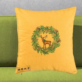 Perna Decorativa Coroana Turcoaz cu Ren, 40x40 cm, Galben, Husa Detasabila, Perna Inclusa, BEKZ®