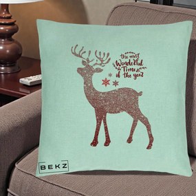 Perna Decorativa Ren de Craciun Glitter Rosu, 40x40 cm, Verde Menta, Husa Detasabila, Perna Inclusa, BEKZ®