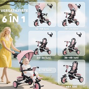 AIYAPLAY Tricicletă 6 în 1 pentru Copii, cu Mâner Parental și Scaun Rotativ, 111,5x52x98 cm, Roz | Aosom Romania