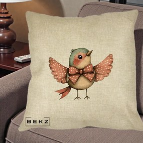 Perna Decorativa Pasare Roz cu Aripi si Fundita, 40x40 cm, Crem, Husa Detasabila, Perna Inclusa, BEKZ®