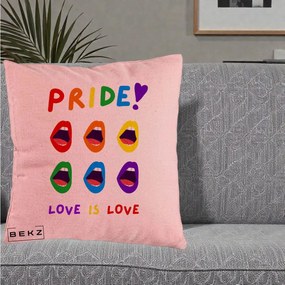 Perna Personalizata Pride Love is Love Curcubeu, 40x40 cm, Roz, Husa Detasabila, Perna Inclusa, BEKZ®