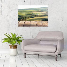 Tablou pe sticlă - Raft din lemn cu peisaj (70x50 cm)