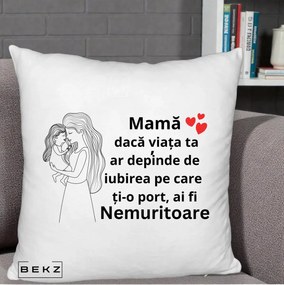 Cadou pentru Mama - Perna Personalizata Mama Nemuritoare cu Copilul in Poala, 40x40 cm, Alb Pufos, Husa Detasabila, Perna Inclusa, BEKZ®