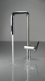 Baterie pentru chiuveta bucatarie, crom, cap mixer, 2 tipuri de jet, dus extractabil, Deante Momi Crom