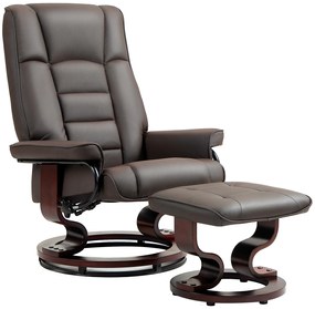 HOMCOM Fotoliu de relaxare cu taburet, rotativ & inalt reglabil, piele ecologică, până la 150 kg, cadru din lemn, Maro | Aosom Romania
