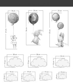 Autocolant de perete pentru copii pentru o fetiță iepurași veseli cu baloane roz 80 x 76 cm