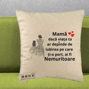 Cadou pentru Mama - Perna Personalizata Mama Nemuritoare Line Art, 40x40 cm, Bej, Husa Detasabila, Perna Inclusa, BEKZ®