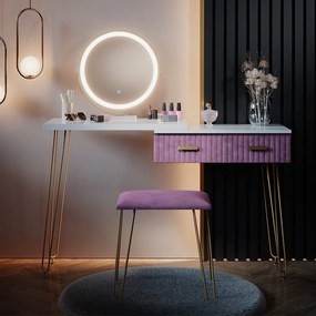 SEA394 - Set Masa toaleta, 120 cm, cosmetica machiaj, oglinda cu LED, masuta vanity, scaun tapitat - Alb-Auriu-Roz