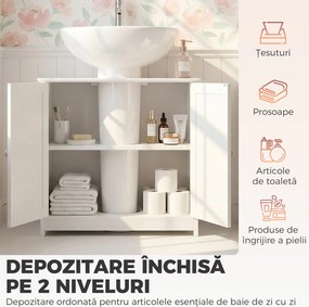 Kleankin Dulap Sub Chiuvetă cu 2 Uși și Raft Reglabil, Dulap de Baie Spațios cu Decupaj în Formă de U, 60x30x60 cm, Alb | Aosom Romania