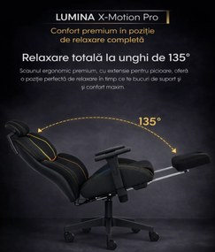LUMINA X-Motion Pro –Scaun Gaming & Office Premium cu LED RGB, Masaj Lombar, Translație Șezut și Suport pentru Picioare – Confort Inteligent și Design Spectaculos, Textil, Negru/Galben