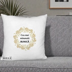 Cadou pentru Bunica - Perna Personalizata Cea Mai Minunata Bunica Coronita Frunze Acuarela, 40x40 cm, Alb Pufos, Husa Detasabila, Perna Inclusa, BEKZ®