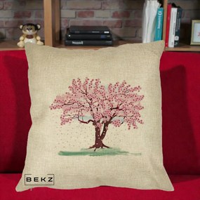 Perna Decorativa Cires Inflorit Acuarela, 40x40 cm, Crem, Husa Detasabila, Perna Inclusa, BEKZ®