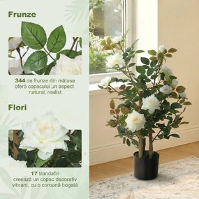 HOMCOM Trandafir Artificial cu 17 Flori, 344 Frunze Mătase, Decor Interior Exterior, 15x15x90 cm, Alb | Aosom Romania