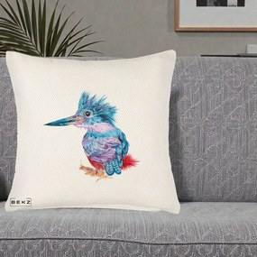 Perna Decorativa Pasare Martin Pescar Acuarela Albastru-Mov, 40x40 cm, Crem Reliefat, Husa Detasabila, Perna Inclusa, BEKZ®