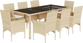 vidaXL Set mobilier de grădină cu perne 9 piese bej poliratan & sticlă