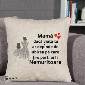 Cadou pentru Mama - Perna Personalizata Mama Nemuritoare Line Art, 40x40 cm, Bej Canapea, Husa Detasabila, Perna Inclusa, BEKZ®