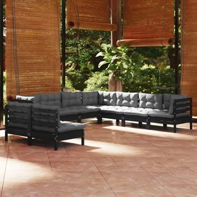 Set mobilier gradina cu perne, 9 piese, negru, lemn masiv pin Negru, 1