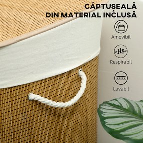 HOMCOM Coș pentru Rufe din Bambus cu Capac, 144L, 3 Compartimente, Sac Detașabil și Lavabil, Mânere, Maro | Aosom Romania