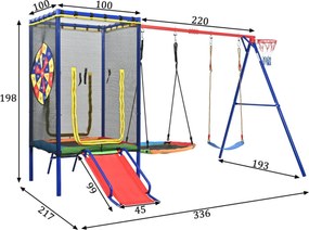 5-în-1 loc de joacă exterior pentru copii, trambulină cu plasă de siguranță și fermoar, pentru copii 3–8 ani, 336x217x198 cm, Multicolor