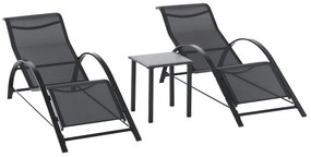 Outsunny Set 2 sezlonguri si masuta cu blat din sticla, sezlong pentru gradina din material respirabil si metal, 59x169x66 cm, negru