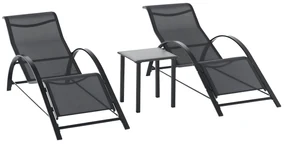 Outsunny Set 2 sezlonguri si masuta cu blat din sticla, sezlong pentru gradina din material respirabil si metal, 59x169x66 cm, negru