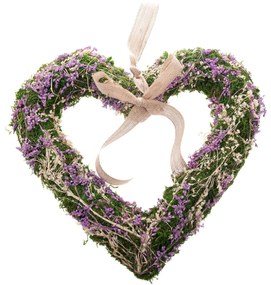 Inima de mușchi suspendată, cu flori uscate, violet, 30 x 4 cm