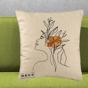 Perna Decorativa Portret Feminin Floare Portocalie Lateral, 40x40 cm, Bej, Husa Detasabila, Perna Inclusa, BEKZ®