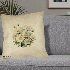 Perna Decorativa Buchet Margarete Albe Acuarela, 40x40 cm, Crem, Husa Detasabila, Perna Inclusa, BEKZ®