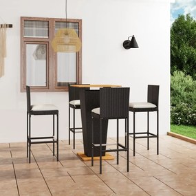 Set mobilier bar de gradina cu perne, 5 piese, negru, poliratan Negru, Lungime masa 60 cm, 5