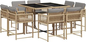 vidaXL Set de masă pentru grădină, 9 piese, cu perne, bej, poliratan