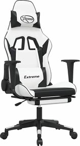 vidaXL Scaun de gaming masaj/suport picioare alb/negru piele eco