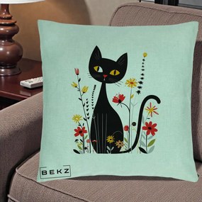 Perna Decorativa Pisica Neagra Ochi Galbeni Flori, 40x40 cm, Verde Menta, Husa Detasabila, Perna Inclusa, BEKZ®