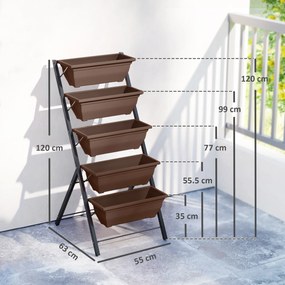 Outsunny Suport pentru Plante Vertical cu 5 Niveluri și 5 Ghivece cu Găuri de Drenaj, Suport din Oțel și Plastic, 55x63x120 cm, Maro | Aosom Romania
