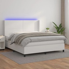 vidaXL Pat cu arcuri, cu saltea și LED, alb, 180x200 cm, piele eco