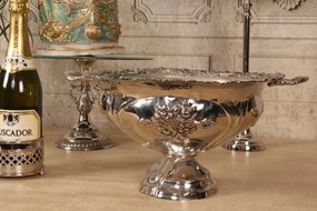 Bol de servire oval din alamă lucrată manual, argintiu, pe picior, cu două mânere și struguri în relief, fructieră și centru de masă, 19,5 x 41 x 33