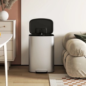 HOMCOM Coș de Gunoi cu Pedală de 50L cu Capac Amortizat, Deschidere la 90° și Găleată Detașabilă, Oțel Inoxidabil, Gri | Aosom Romania