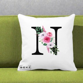 Cadou Personalizat - Perna Personalizata Monograma Florala Litera N, 40x40 cm, Alba Mata, Husa Detasabila, Perna Inclusa, BEKZ®