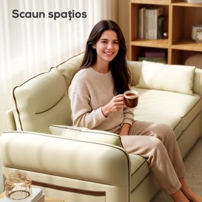 HOMCOM Canapea cu 3 Locuri Tapițată din Piele Ecologică cu Cusături Contrastante, Canapea pentru Sufragerie cu Perne Groase, 2 Perne Detașabile și Lavabile, Brațe și Buzunare Laterale, 190x83x90 cm, Bej | Aosom Romania
