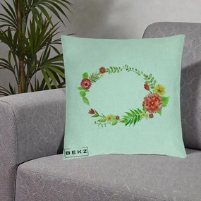 Perna Decorativa Coroana Florala Acuarela, 40x40 cm, Verde Menta, Husa Detasabila, Perna Inclusa, BEKZ®