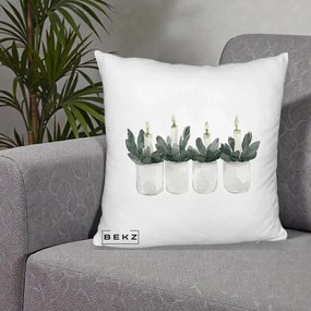 Perna Decorativa Lumanari in Borcane cu Eucalipt, 40x40 cm, Alb Pufos, Husa Detasabila, Perna Inclusa, BEKZ®
