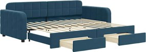 vidaXL Pat de zi cu extensie și sertare, albastru, 90x200 cm, catifea